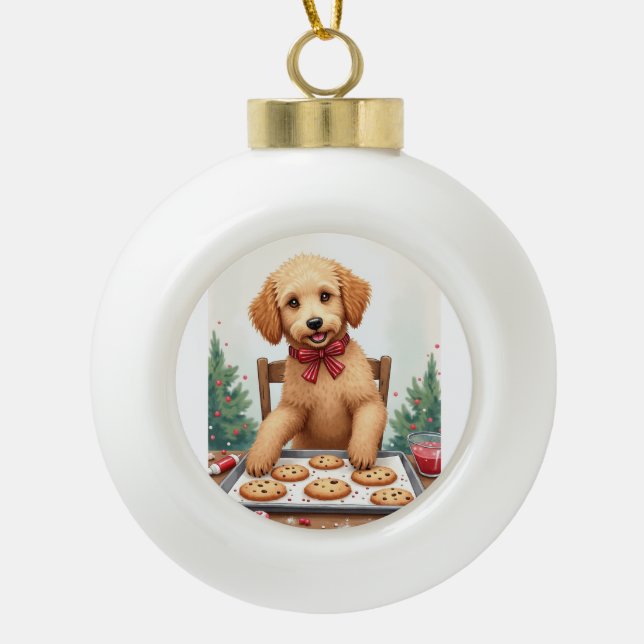 Golden Doodle Decorating Christmas Cookies Ceramic Ball Christmas Ornament (Front)