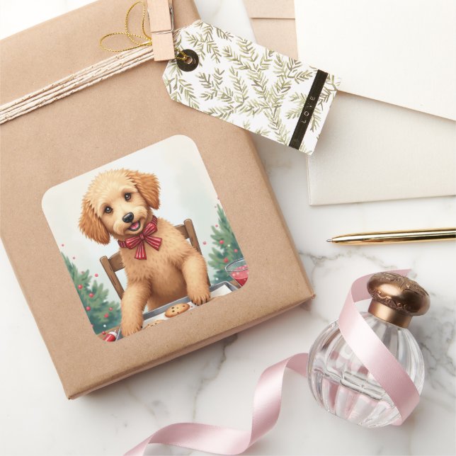 Golden Doodle Decorating Christmas Cookies Square Sticker (Gifting)
