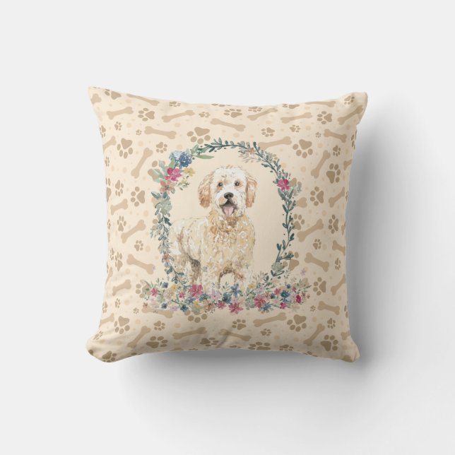 Golden Doodle Dog Paw Print & Floral Cute Cushion (Front)