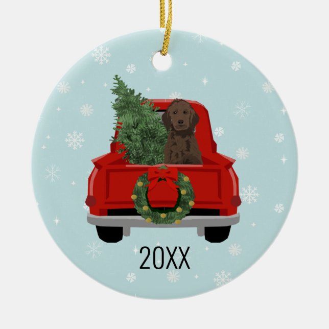 Golden Doodle Dog Red Christmas Truck Ceramic Tree Decoration (Front)