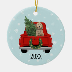 Golden Doodle Dog Red Christmas Truck Ceramic Tree Decoration