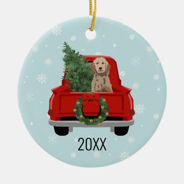 Golden Doodle Dog Red Christmas Truck Ceramic Tree Decoration (Front)