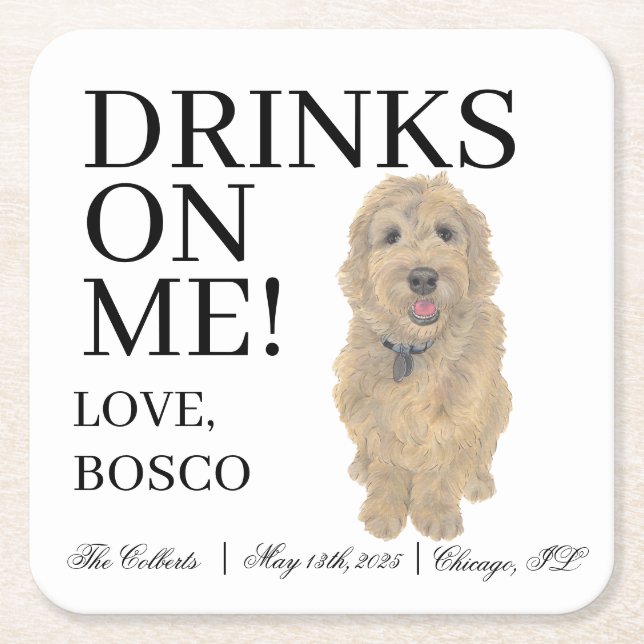 Golden Doodle Dog Wedding Square Paper Coaster (Front)