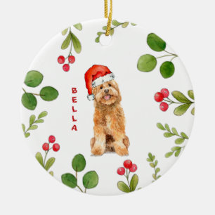 Golden doodle dog with Santa Hat Ceramic Tree Decoration