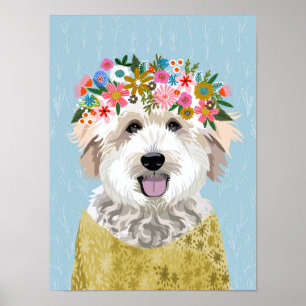 Golden Doodle Flower Wreath Dog Portrait Poster