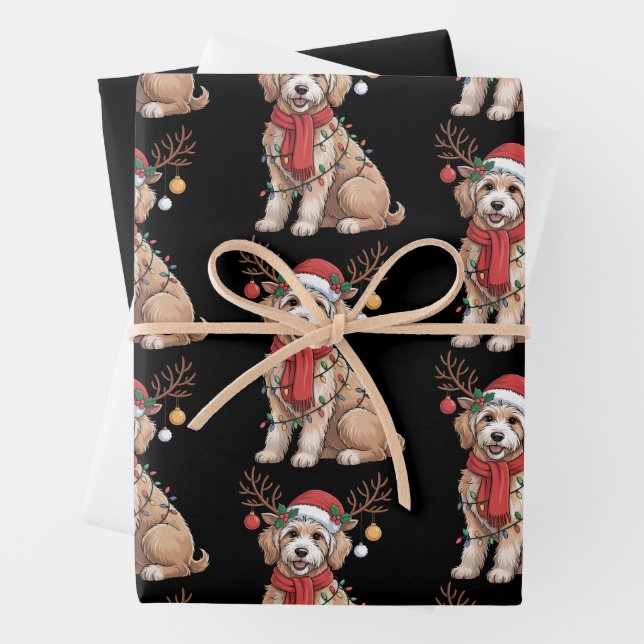 Golden Doodle Gorgeous Reindeer Christmas Tree  Wrapping Paper Sheet (In situ)