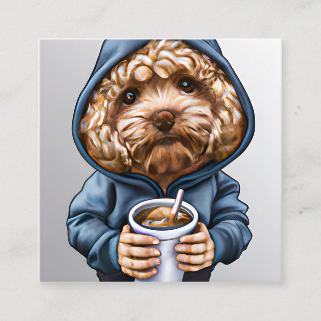 Golden Doodle in a Hoody Holding a Cup Square Business Card (Front)