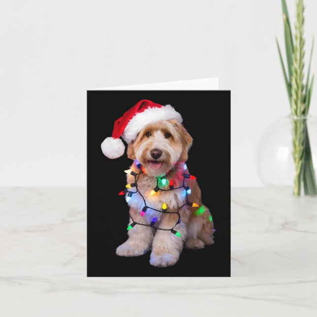 Golden Doodle In Santa Hat Wrapped Up In Christmas Card (Front)