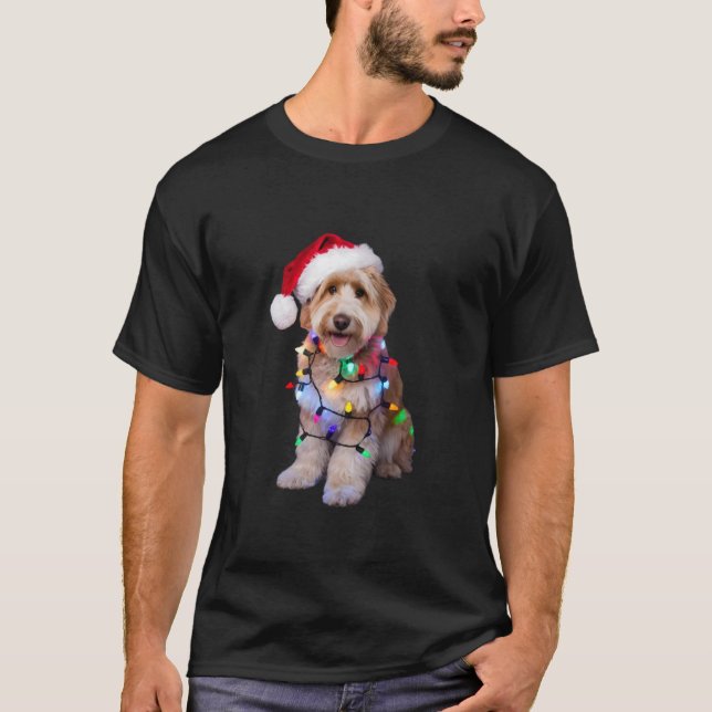 Golden Doodle In Santa Hat Wrapped up in Christmas T-Shirt (Front)