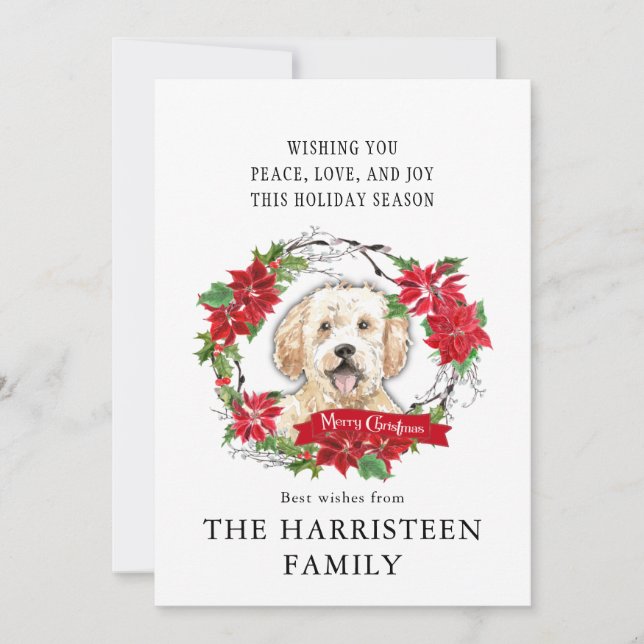 Golden Doodle Watercolor Poinsettia Christmas Holiday Card (Front)