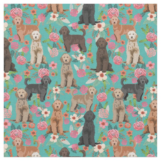 Golden Doodles vintage floral turquoise Fabric (Close Up)