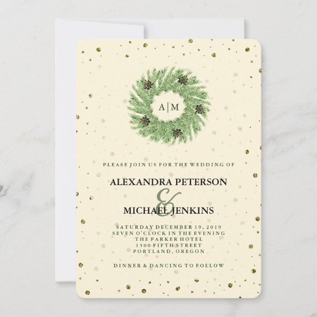 Golden Dots and Christmas Wreath Wedding Invitation (Front)