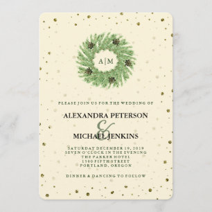 Golden Dots and Christmas Wreath Wedding Invitation