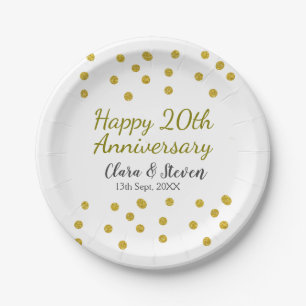 Golden dots glitter happy 20th anniversary wedding paper plate