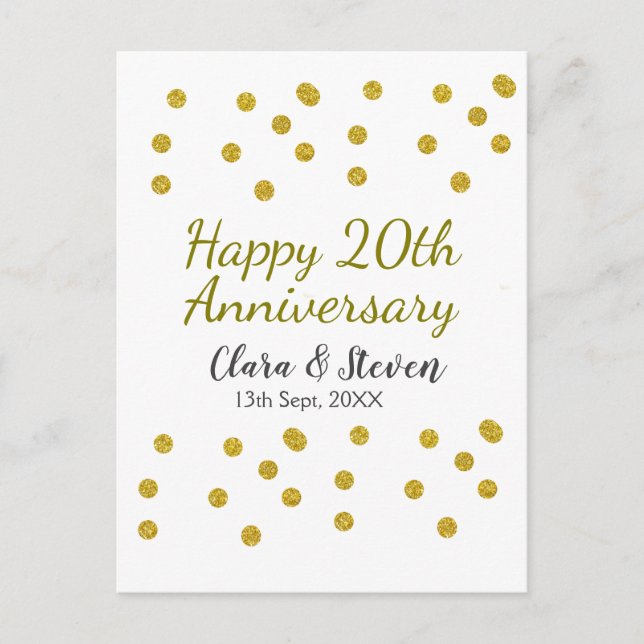 Golden dots glitter happy 20th anniversary wedding postcard (Front)