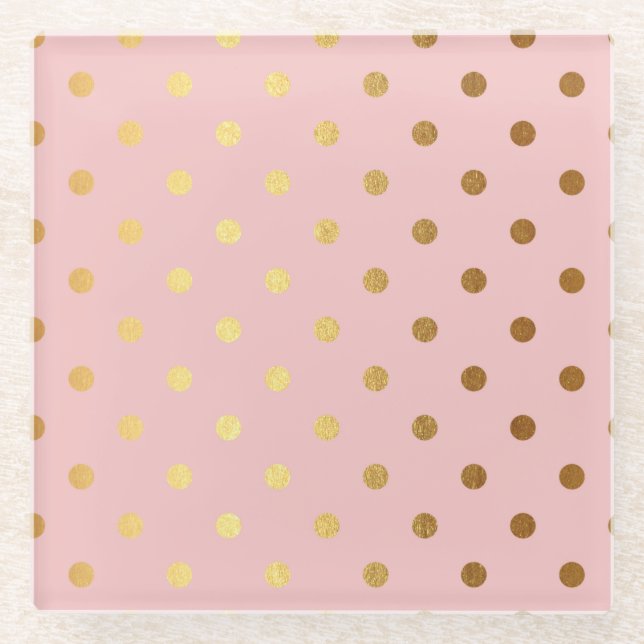 Golden dots on pink backround glass coaster (Front)
