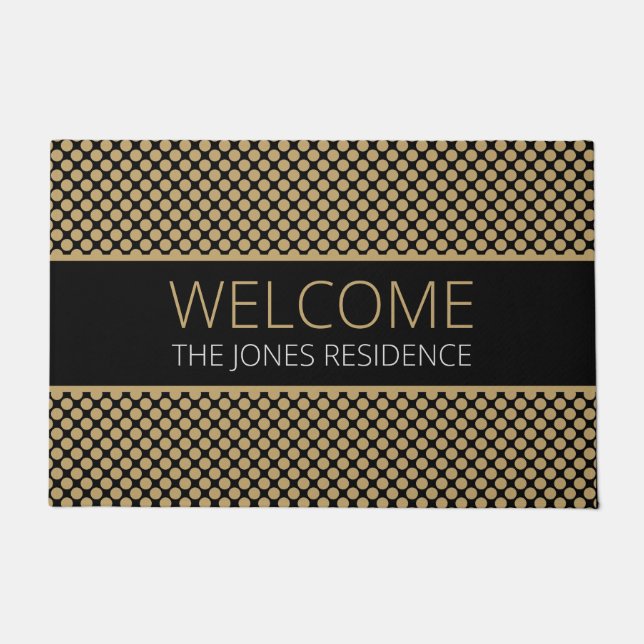 Golden Dots Pattern On Black Name Personalised Doormat (Front)