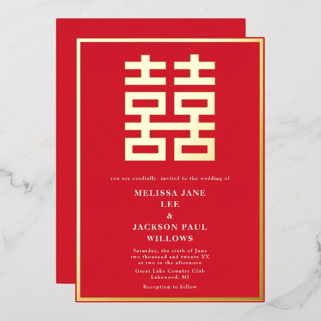 Golden Double Luck Chinese wedding Foil Invitation (Front/Back)