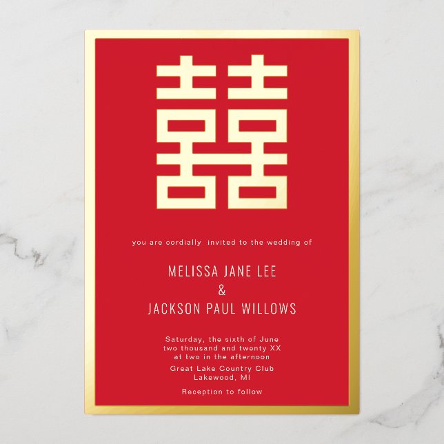 Golden Double Luck Chinese wedding Foil Invitation (Front)