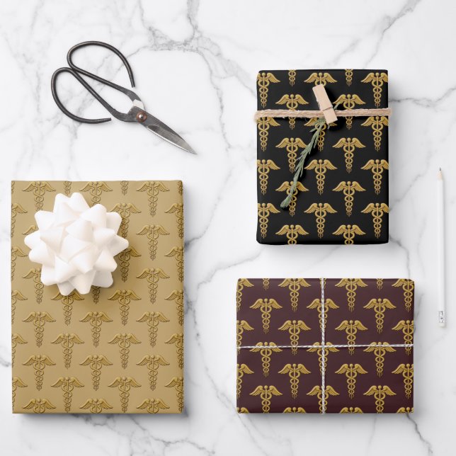 Golden Double Snake Caduceus Wrapping Paper Sheet (Front)