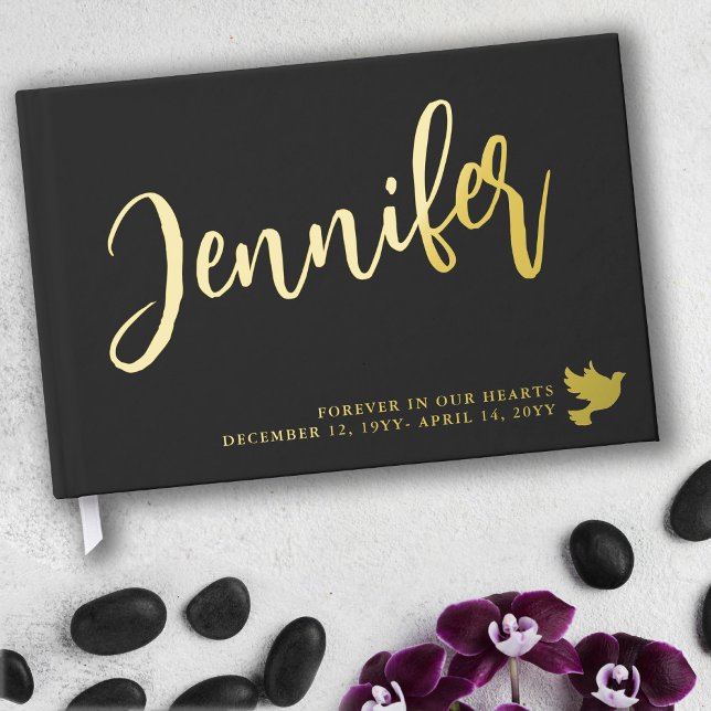 Golden Dove Name in Script Matte Black Memorial Guest Book (Creator Uploaded)