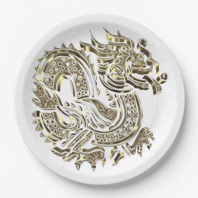 Golden Dragon Faux Gold Foil Logo Elegant Paper Plate (Front)