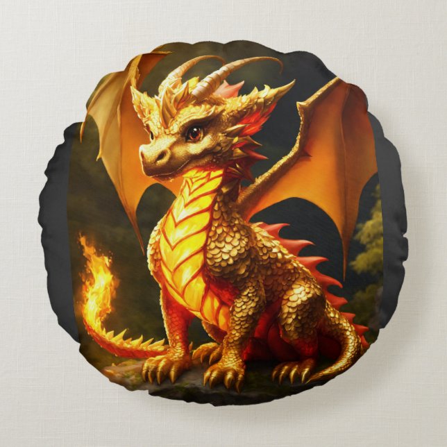 "Golden Dragon Majesty Round Pillow" Round Cushion (Front)