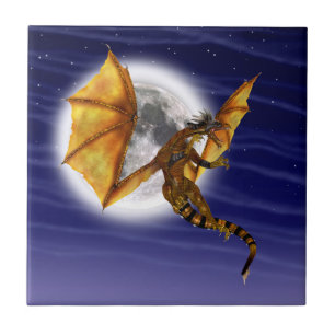 Golden Dragon Mythical Fantasy Creature Purple Sky Tile