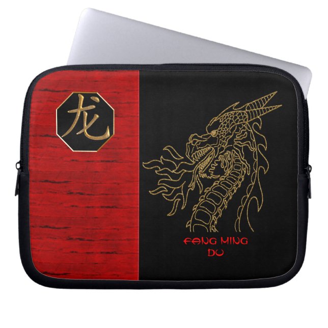 Golden Dragon on Black and Red - Personalised Laptop Sleeve (Front)
