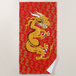 Golden Dragon on Red Beach Towel