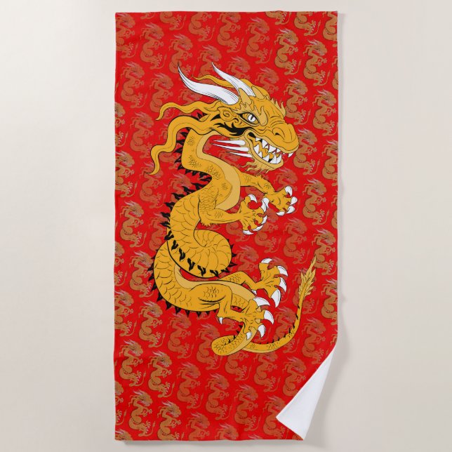 Golden Dragon on Red Beach Towel (Front)
