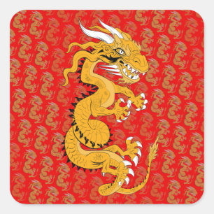 Golden Dragon on Red Square Sticker