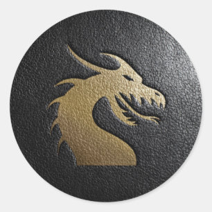 Golden dragon silhouette on black leather classic round sticker