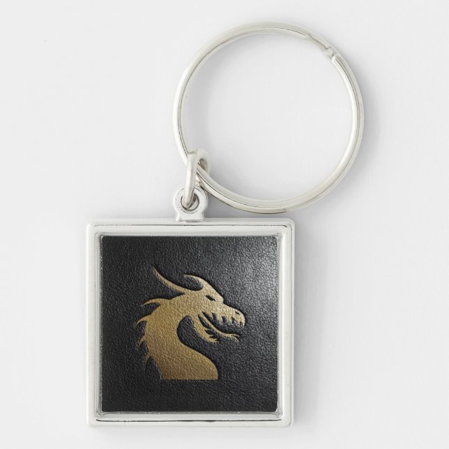 Golden dragon silhouette on black leather key ring (Front)