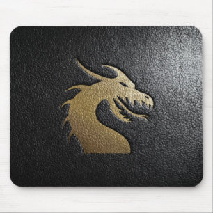 Golden dragon silhouette on black leather mouse mat