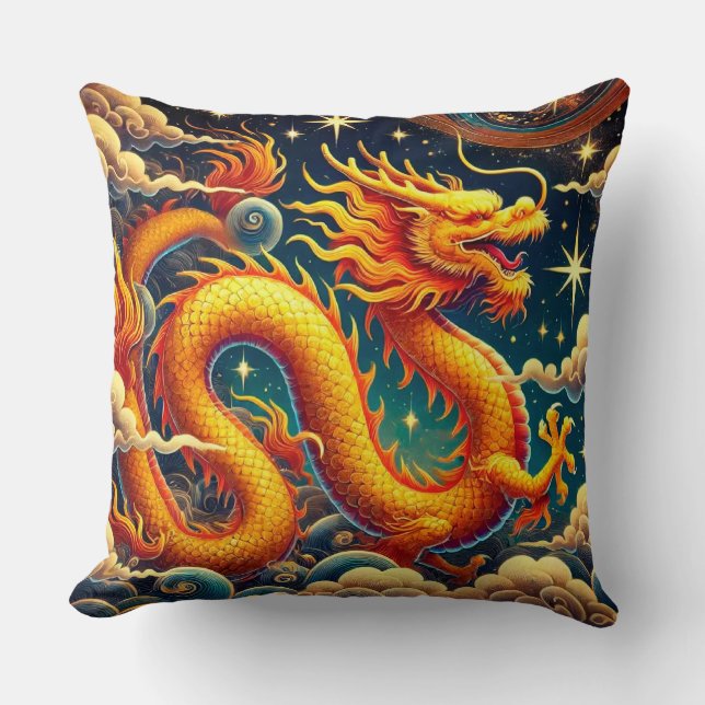 Golden Dragon Soaring Among Enchanting Clouds Cushion (Front)