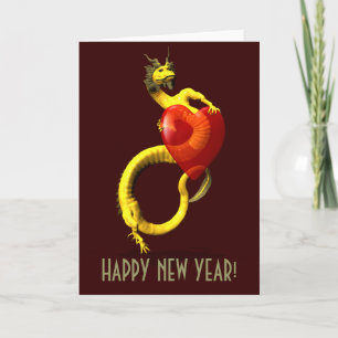 Golden Dragon With Big Red Heart Holiday Card