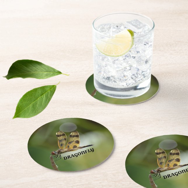Golden Dragonfly Customisable Green Round Paper Coaster (Creator Uploaded)