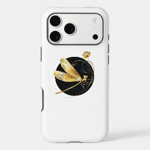 Golden dragonfly in black circle