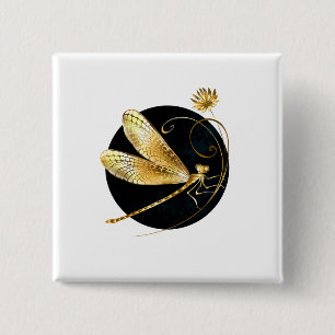 Golden dragonfly in black circle 15 cm square badge