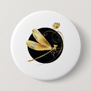 Golden dragonfly in black circle 7.5 cm round badge