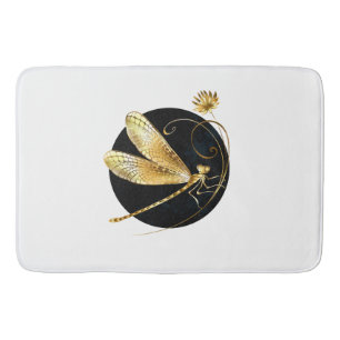 Golden dragonfly in black circle bath mat