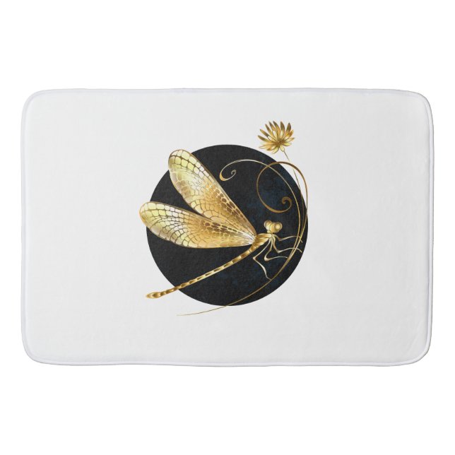 Golden dragonfly in black circle bath mat (Front)