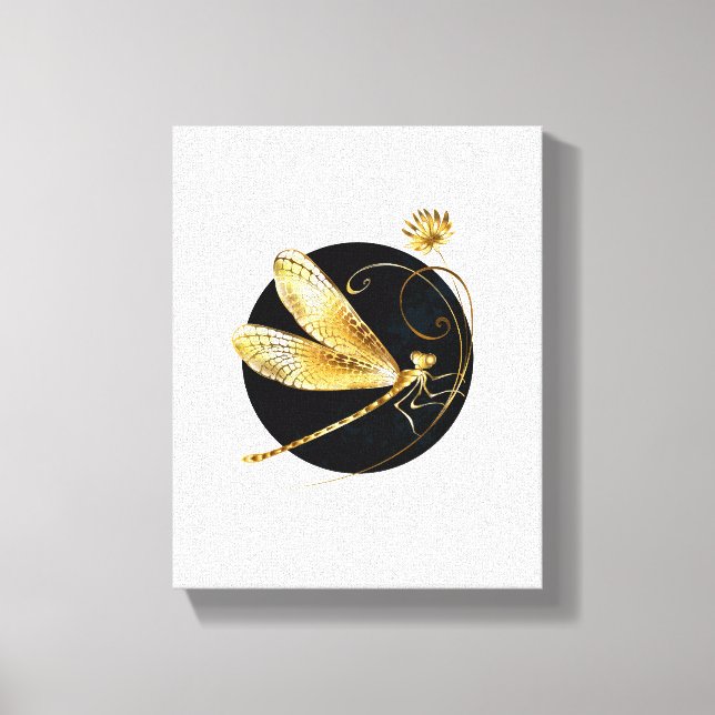 Golden dragonfly in black circle canvas print (Front)