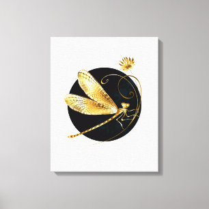 Golden dragonfly in black circle canvas print