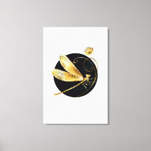 Golden dragonfly in black circle canvas print