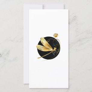 Golden dragonfly in black circle card
