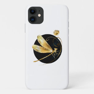 Golden dragonfly in black circle iPhone 11 case