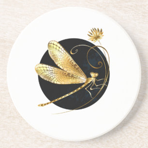 Golden dragonfly in black circle coaster