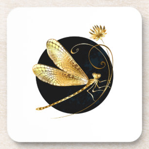 Golden dragonfly in black circle coaster